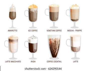 Set of different transparent cups of coffee types mug with foam beverage and breakfast morning sign tasty aromatic glass assortment vector illustration.