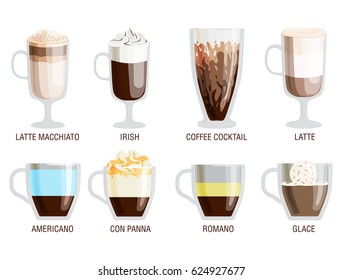 Set of different transparent cups of coffee types mug with foam beverage and breakfast morning sign tasty aromatic glass assortment vector illustration.