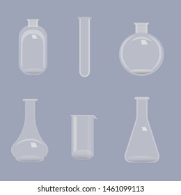 Set of different transparent flasks on blue background
