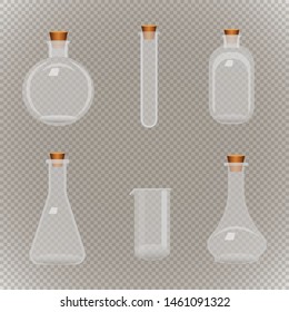 Set of different transparent flasks with tube on aa seamless background