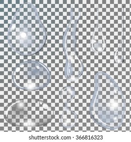 Set of different transparent water drops on transparent background, vector