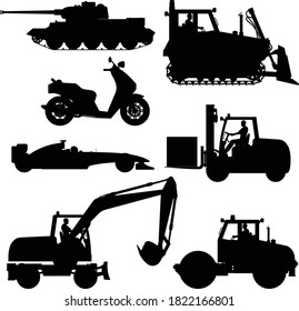 Set of different transport silhouettes.
Set of black construction, special machines and other vehicles in a flat style. Special equipment. Vector illustration.
