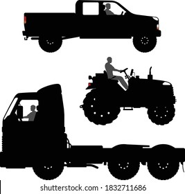 Set of different transport silhouettes.
Black truck silhouette isolated on white background. Tractor Silhouette Images. Vector illustration.