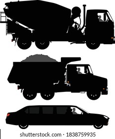 Set of different transport silhouettes.
Black truck silhouette isolated on white background. Limousine Silhouette Images. Vector illustration.