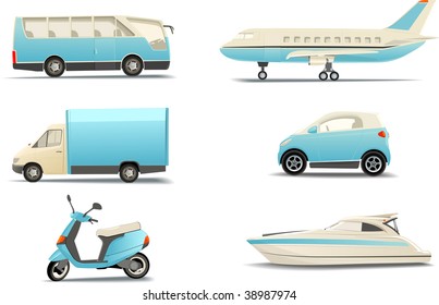 Set of different transportation icons. Bus, passenger plane, scooter, truck, boat and car on white background. Vector Illustration
