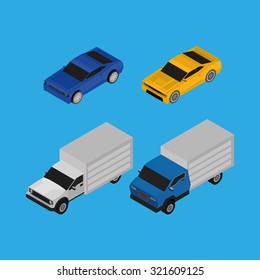 Set of different transports on a blue background