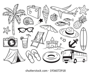 Set of different travel elements. Collection of summer vacation trip at sea. Exotic vacation. Vacation.  Travel abroad. Surfing. World tourism. Vector illustration isolated on white background.