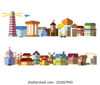 Set of different travel landscapes in the flat style - urban, rural, country, fabulous, city, mountain, travel and seascape