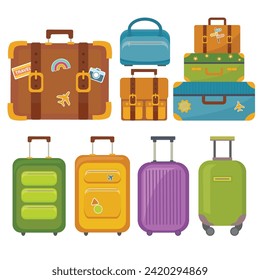 Set of different travel suitcases. Vector illustration in flat style.