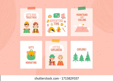 set with different traveling and hiking theme posters or card templates. Cute posters for children designs, nursery room decor and greeting cards. Traveling couple characters. Vector hiking set 