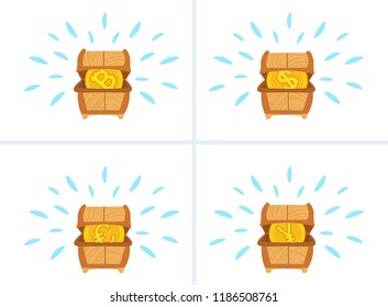 set different treasure dower chest full of euro dollar yuan bitcoin coins collection money growth wealth concept flat horizontal vector illustration