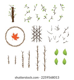 Set of different tree branches and leaves design elements isolated on white background