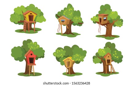 Set of different tree houses. Vector illustration.