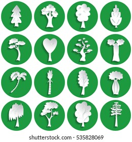 Set of different tree icons in paper style
