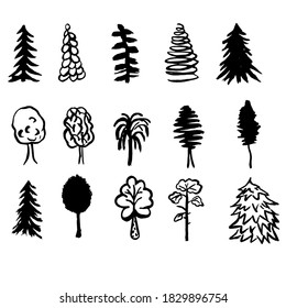 A set of different trees in black and white graphics, doodles isolated on a white background. Vector illustration.