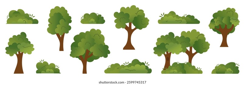 Set of different trees and bush. Garden and forest tree and bush