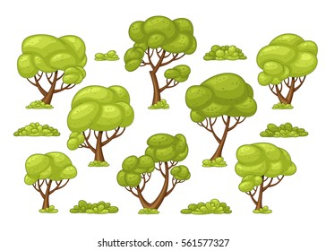 Set of different trees and bushes