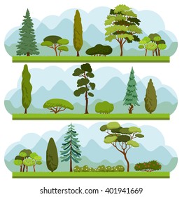 Set of different Trees and Bushes. Collection of various types and forms of trees and bushes. Ecology vector background concept.