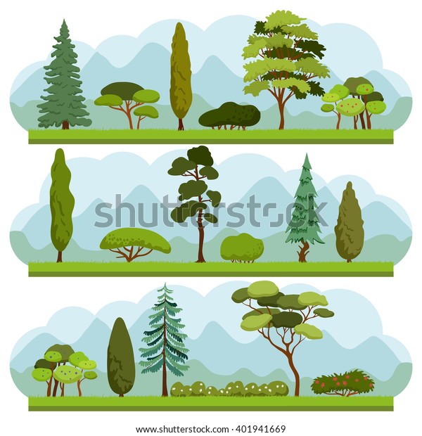 Set of different Trees and Bushes. Collection of\
various types and forms of trees and bushes. Ecology vector\
background concept.