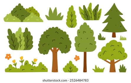 A set of different trees and bushes isolated on a white background. Vector hand-drawn illustration in a flat style. Perfect for cards, decorations, logo, various designs.