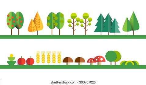 Set of different trees, grass, mushrooms, wheat, fruit trees. Sprites for the game. vector flat garden illustrations. The graphics for games. Flat design