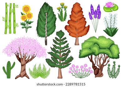 Set of different trees icons isolated on white background. Pink cherry blossoms. Green spruce and birch. Collection of spring flowers. Cactus, bamboo, fern from different regions. Vector illustration