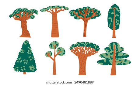 Set of different trees on a white background. Autumn forest set. Nature vector illustration