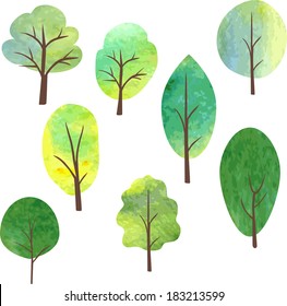 set of different trees painted by watercolor, vector illustration