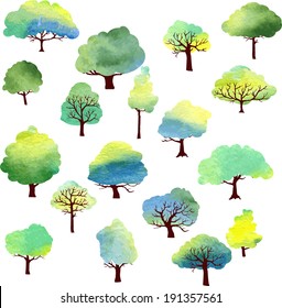 set of different trees painted by watercolor, vector illustration