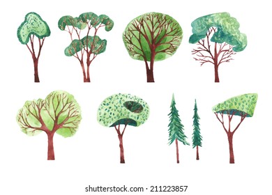 Set of different trees painted by watercolor, vector illustration