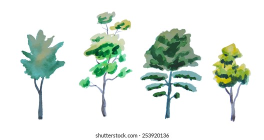 set of different trees painted by watercolor, vector illustration