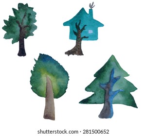 set of different trees painted by watercolor, vector illustration