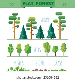 Set Of Different Trees, Rocks, Grass. Sprites For The Game. Vector Flat Forests Illustrations