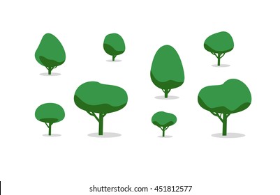 Set of different trees with shadows, simple style. vector illustration.