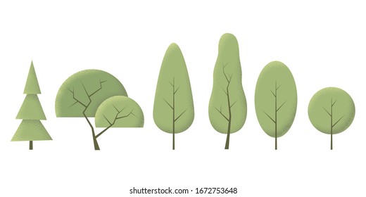 Set of different trees. Vector illustration with noise effect in the shadows.