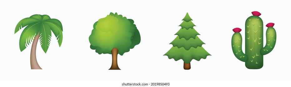 Set of different trees vector illustration. Such as palm, oak tree, pine, cactus. Various green tree collection isolated on white background. 