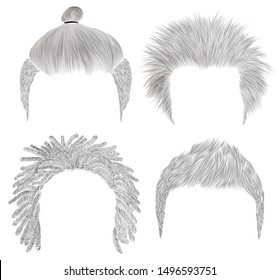 set of different trendy man hairs. sketches . Beauty style.shaggy dreadlocks bun