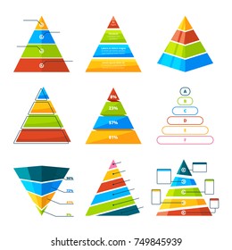 Set of different triangles and pyramids with levels. Vector symbols for infographic. Collection of pyramid diagram triangle, chart and graph template illustration