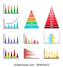 Set of different triangular graphs of different sizes and colors in a row next to each other and one below the other on a white background