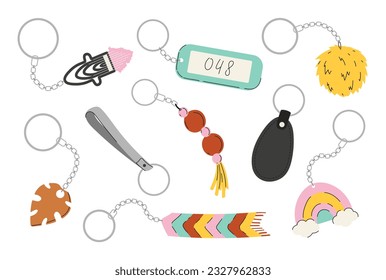 Set of different trinkets. Keychains on pendants. Accessories and decorations for keys and briefcase. Fashion and style. Cartoon flat vector collection isolated on white background