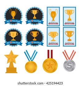Set of different trophies on stickers for father's day celebrations