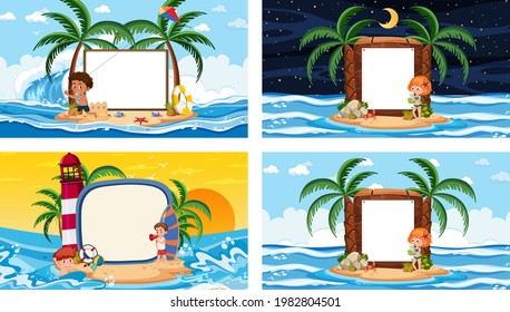 Conjunto de escenas de diferentes playas tropicales con ilustración de banner en blanco