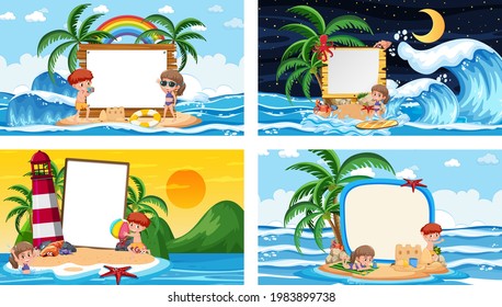 Conjunto de escenas de diferentes playas tropicales con ilustración de banner en blanco