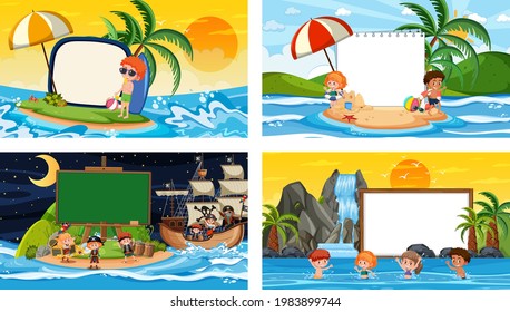 Set of different tropical beach scenes with blank banner illustration