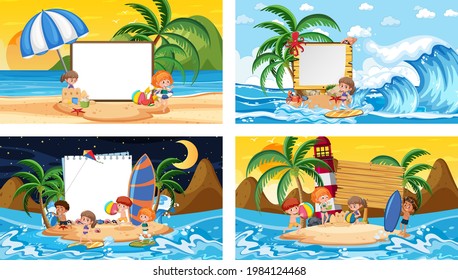 Set of different tropical beach scenes with blank banner illustration