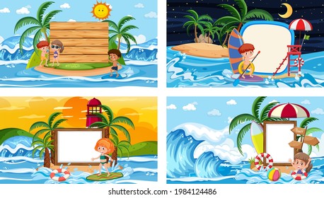 Set of different tropical beach scenes with blank banner illustration
