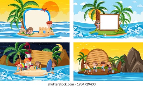 Set of different tropical beach scenes with blank banner illustration