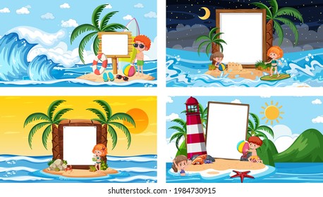 Set of different tropical beach scenes with blank banner illustration