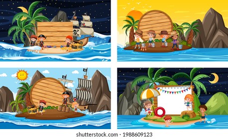 Set of different tropical beach scenes with blank banner illustration