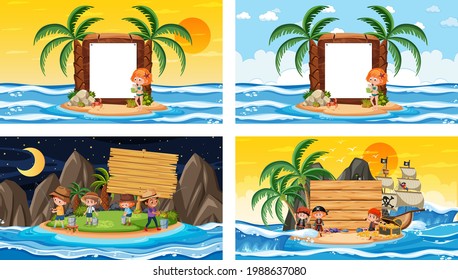 Set of different tropical beach scenes with blank banner illustration